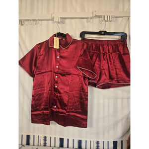 Women's EKOUAER Red Satin Pajama Set M with White Trim
